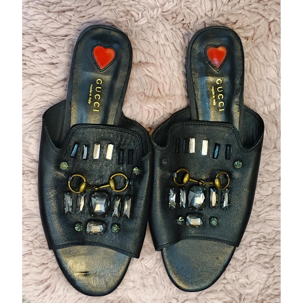 Gucci Black Leather Horsebit Crystal Embellished Slide Mules Heart Heel 38.5